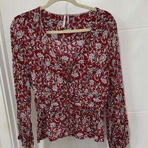 Anthropologie Feather Bone Red Floral Long-Sleeve Blouse